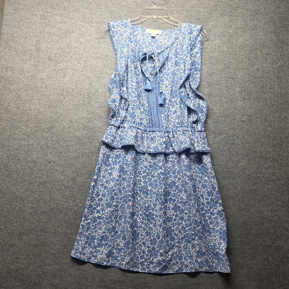 Michael Kors Women's Blue Floral Print Sleeveless Ruffle Dress Size M Peplum